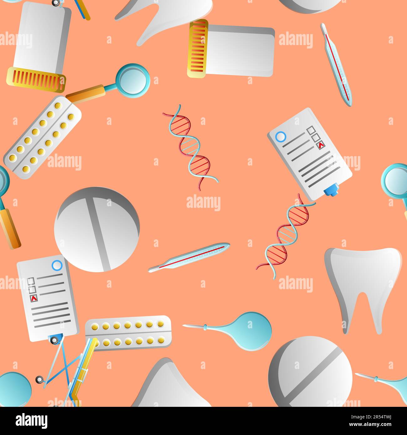 Sans fin modèle sans couture des objets médicaux scientifiques médicaux icônes bocaux avec pilules thermomètres enemas documents sur un fond jaune. Vecteur illu Illustration de Vecteur