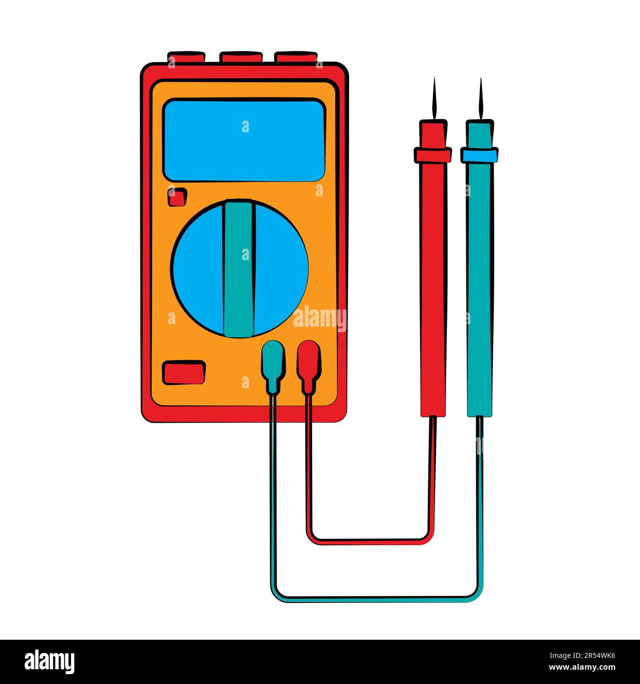 Un petit compteur d'électricité rouge bleu, un testeur, un multimètre numérique, pour mesurer la tension AC, DC, courant, résistance, câblage endommagé et connexions. Inconvénients Illustration de Vecteur