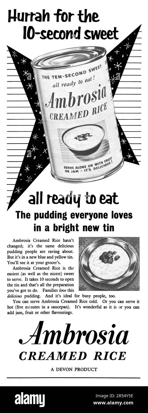 1955 Publicité britannique pour Ambrosia Creamed Rice. Banque D'Images