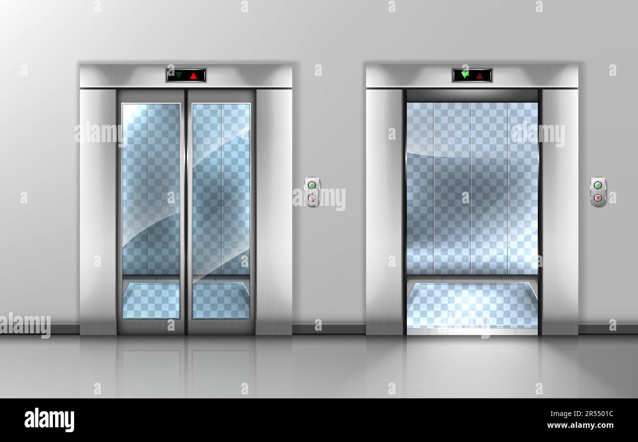 Ascenseur en verre avec portes ouvertes et fermées dans le hall des bureaux. Vector réaliste vide intérieur moderne avec ascenseur avec murs et plancher transparents dans le hall de l'hôtel ou de la maison Illustration de Vecteur