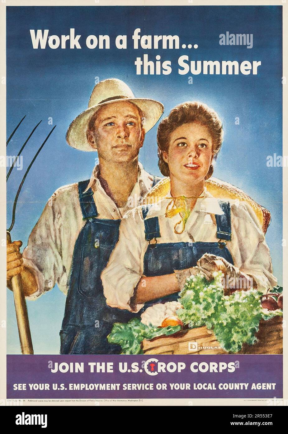 Propagande américaine de la Seconde Guerre mondiale (États-Unis Bureau d'impression du gouvernement, 1943). OWI Poster No. 59 - 'le travail sur une ferme... Cet été », Douglas Crocker Artwork - FEAT a Farmer couple Banque D'Images