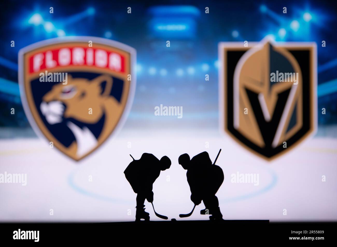FLORIDA, USA, 31 MAI 2023: The Quest for NHL Supremacy: Stanley Cup finals Wallpaper mettant en vedette Florida Panthers vs Vegas Golden Knights Banque D'Images
