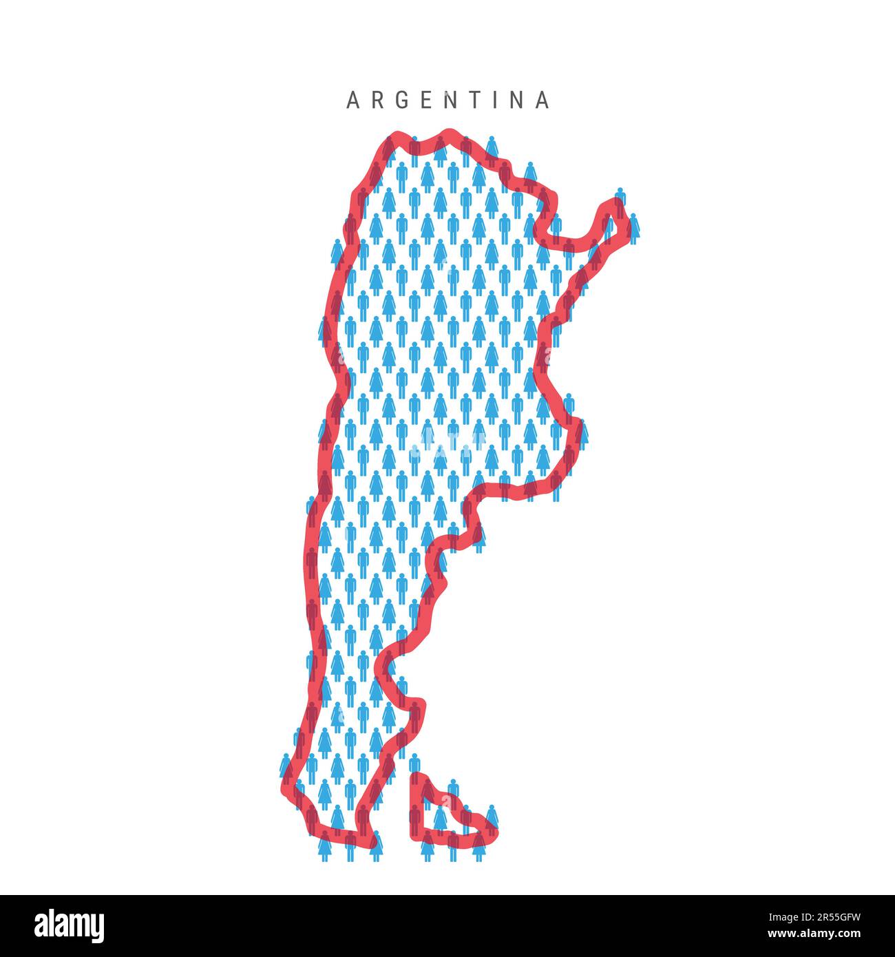 Carte de la population de l'Argentine. Chiffres en bâton carte du peuple argentin avec une frontière rouge translucide de pays. Modèle d'icônes hommes et femmes. Vét. Isolée Illustration de Vecteur
