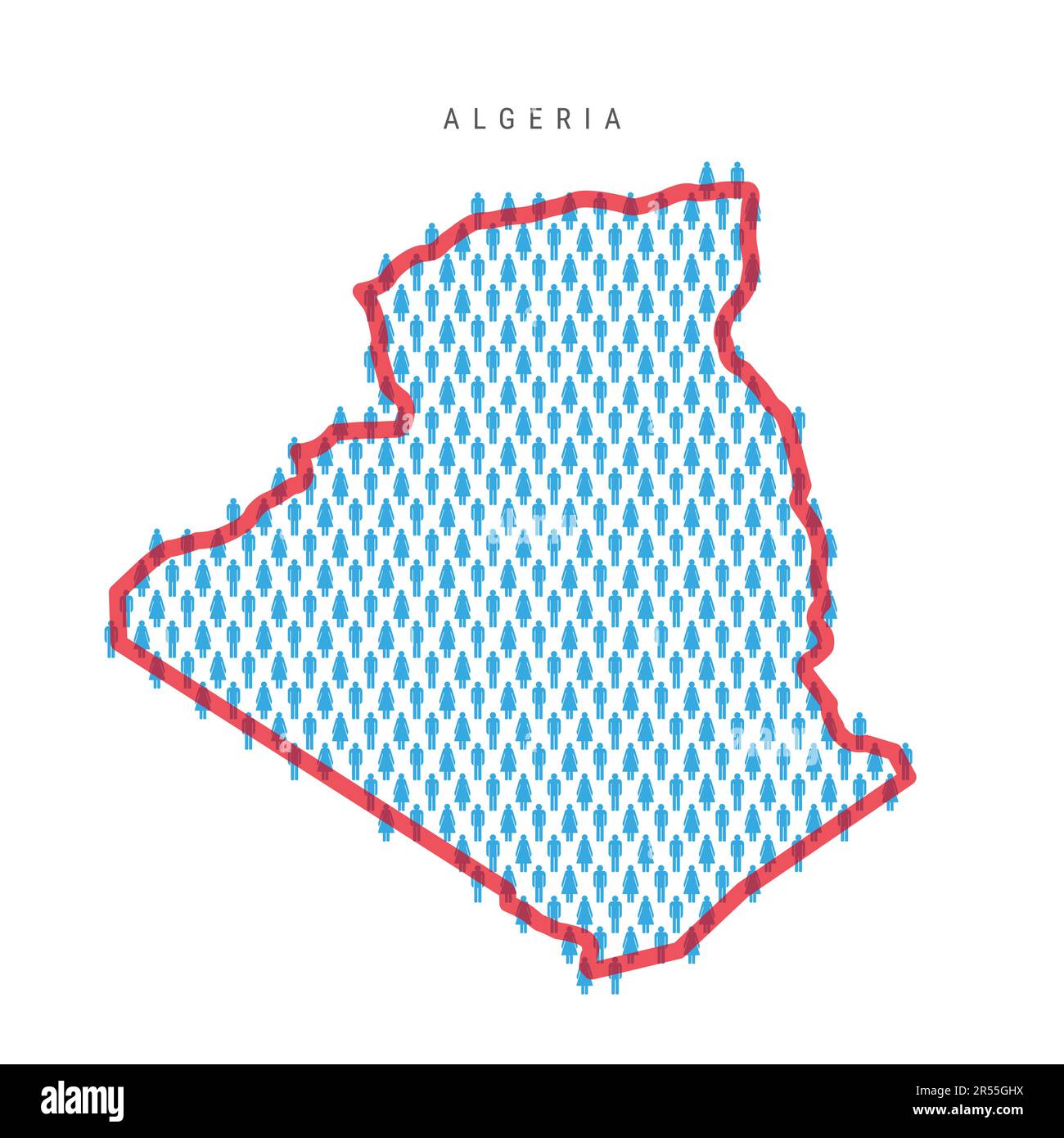Carte de la population de l'Algérie. Chiffres en bâton carte du peuple algérien avec rouge vif translucide frontière de pays. Modèle d'icônes hommes et femmes. Vecteur isolé il Illustration de Vecteur