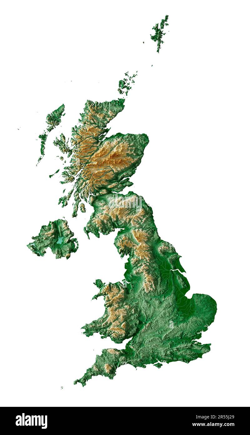 Royaume-Uni. Rendu détaillé en 3D d'une carte de relief ombrée avec rivières et lacs. Coloré par élévation. Arrière-plan blanc. Créé avec des données satellite. Banque D'Images