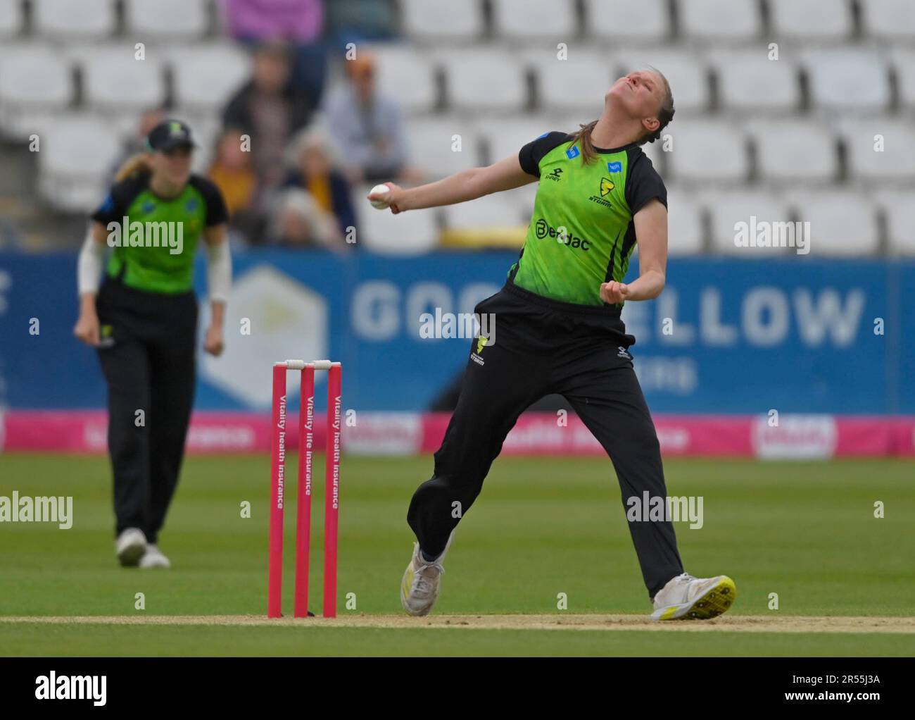 Northampton 31 mai : LAUREN FILER du cricket de la tempête de l'Ouest pendant la coupe Charlotte Edwards : Sunrivers vsWeston tempête au sol du comté de Northampton sur 31 mai 2023 Northampton Angleterre . Banque D'Images