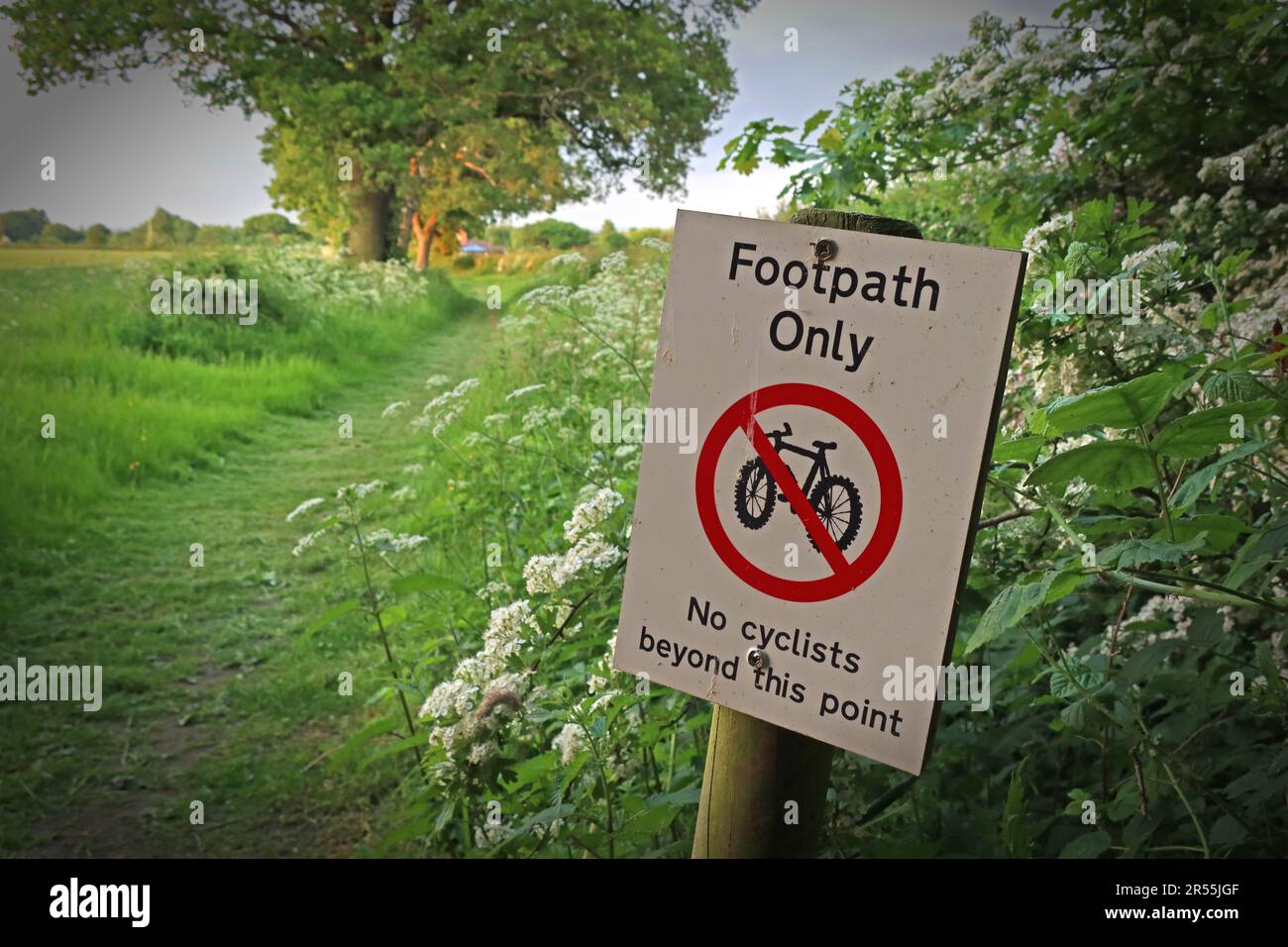Signe de sentier seulement, piétons seulement, pas de cycles ou de vélo, au-delà de ce point, village de Grappenhall, Warrington, Cheshire, ANGLETERRE, ROYAUME-UNI, WA4 3EX Banque D'Images
