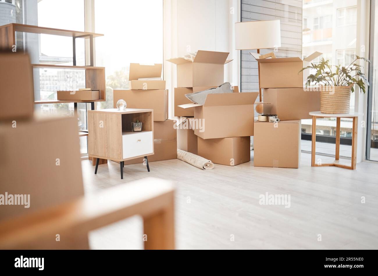Déménagement, nouvelle maison et boîtes en carton pour l'emballage de la maison avec des meubles, des décorations de salon et de l'espace d'appartement. Ménage, boîte emballée et vide Banque D'Images