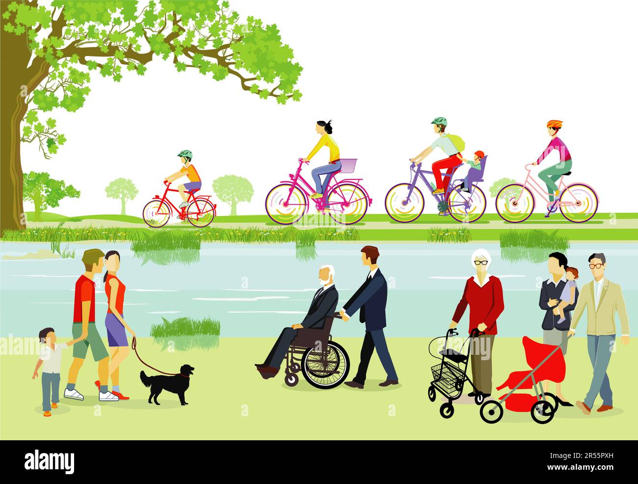 Vélo avec les enfants et la famille, illustration Illustration de Vecteur