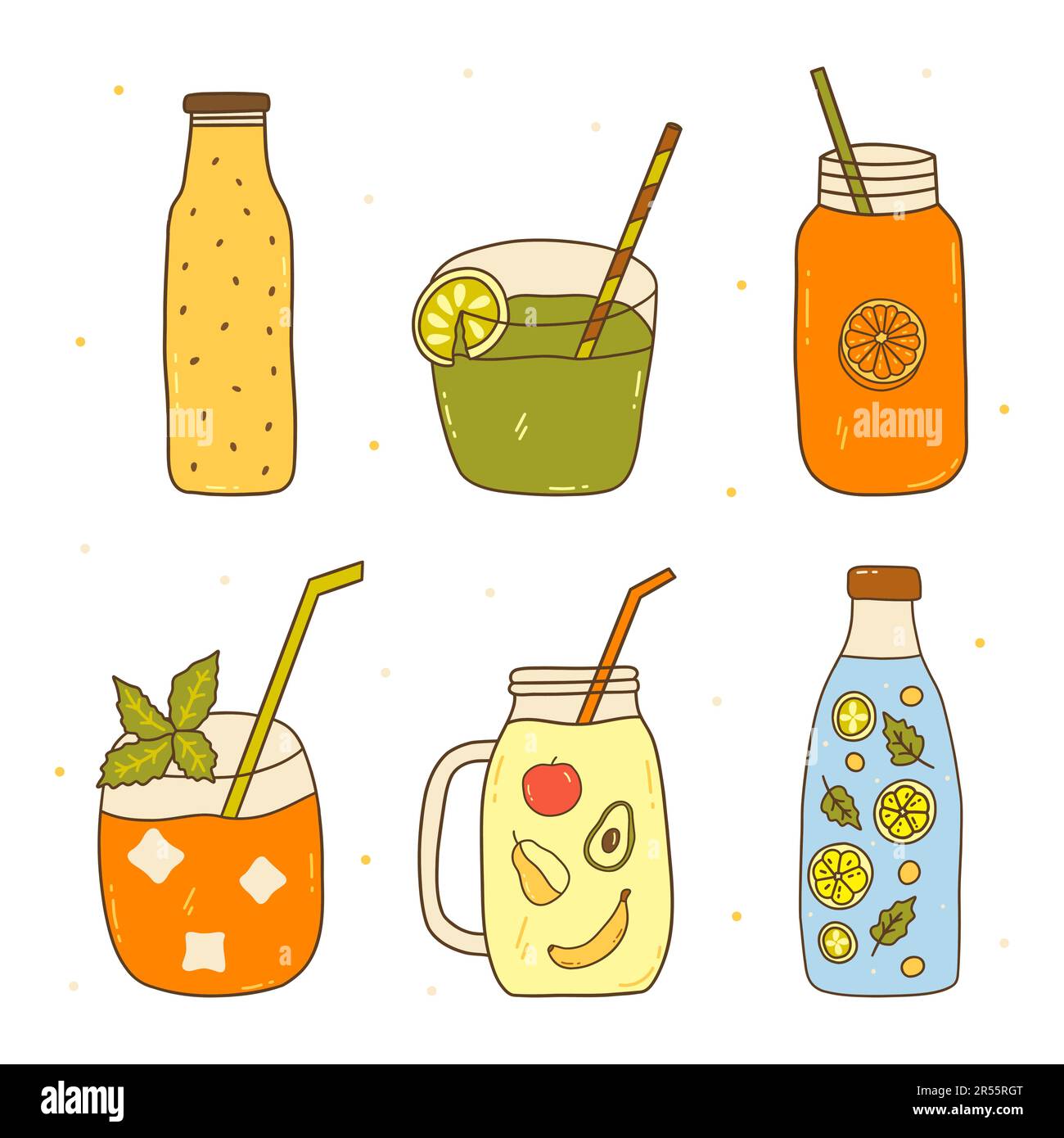 Ensemble de smoothies aux fruits et aux légumes. Boisson vitaminée utile, saison estivale. Illustration vectorielle isolée colorée dessinée à la main avec un motif en forme de coolé Illustration de Vecteur