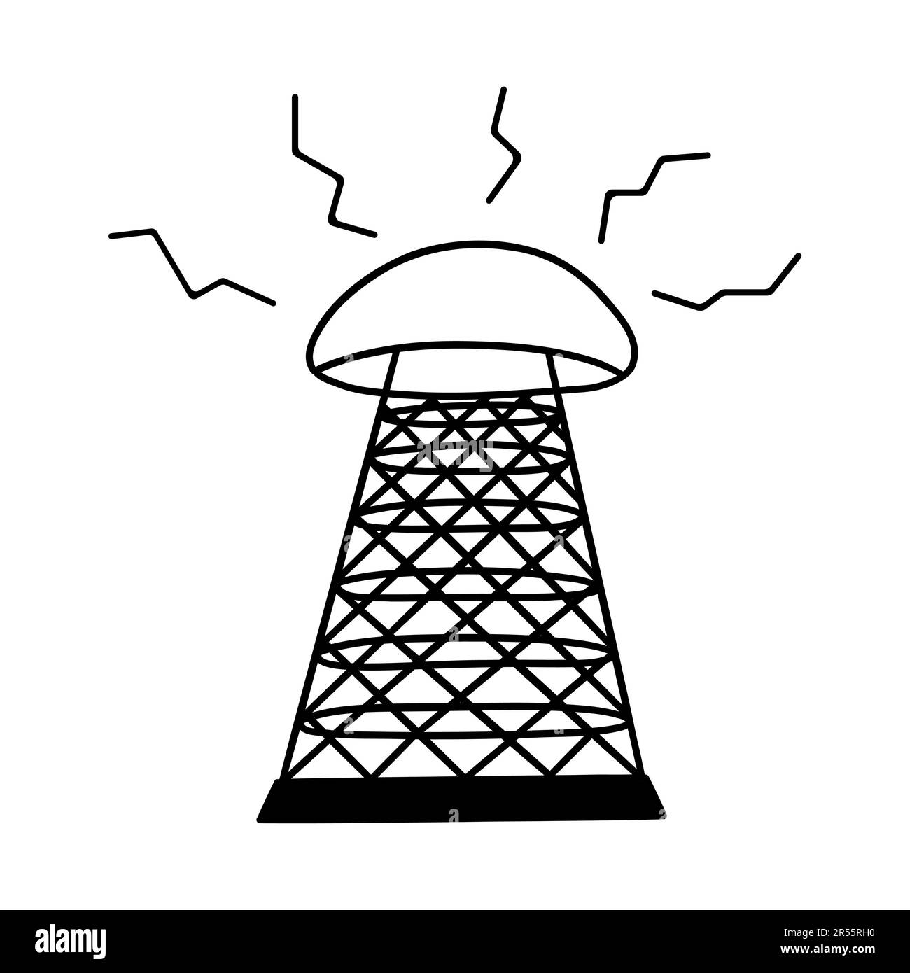 Tour Wardenclyffe, tour de télécommunications sans fil de Tesla. Diffusion, téléphonie. Haute technologie, production d'énergie propre. Vecteur noir et blanc Illustration de Vecteur