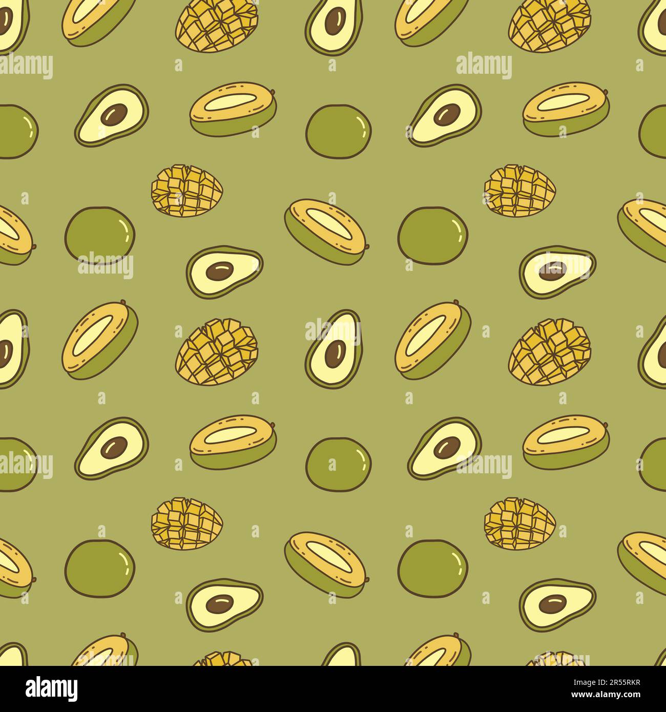 Motif sans couture avec mangue mûre coupée en deux et avocat. Arrière-plan vert. Illustration vectorielle Doodle dessiné à la main. Fruits doux, vitamine d'été, végétative Illustration de Vecteur