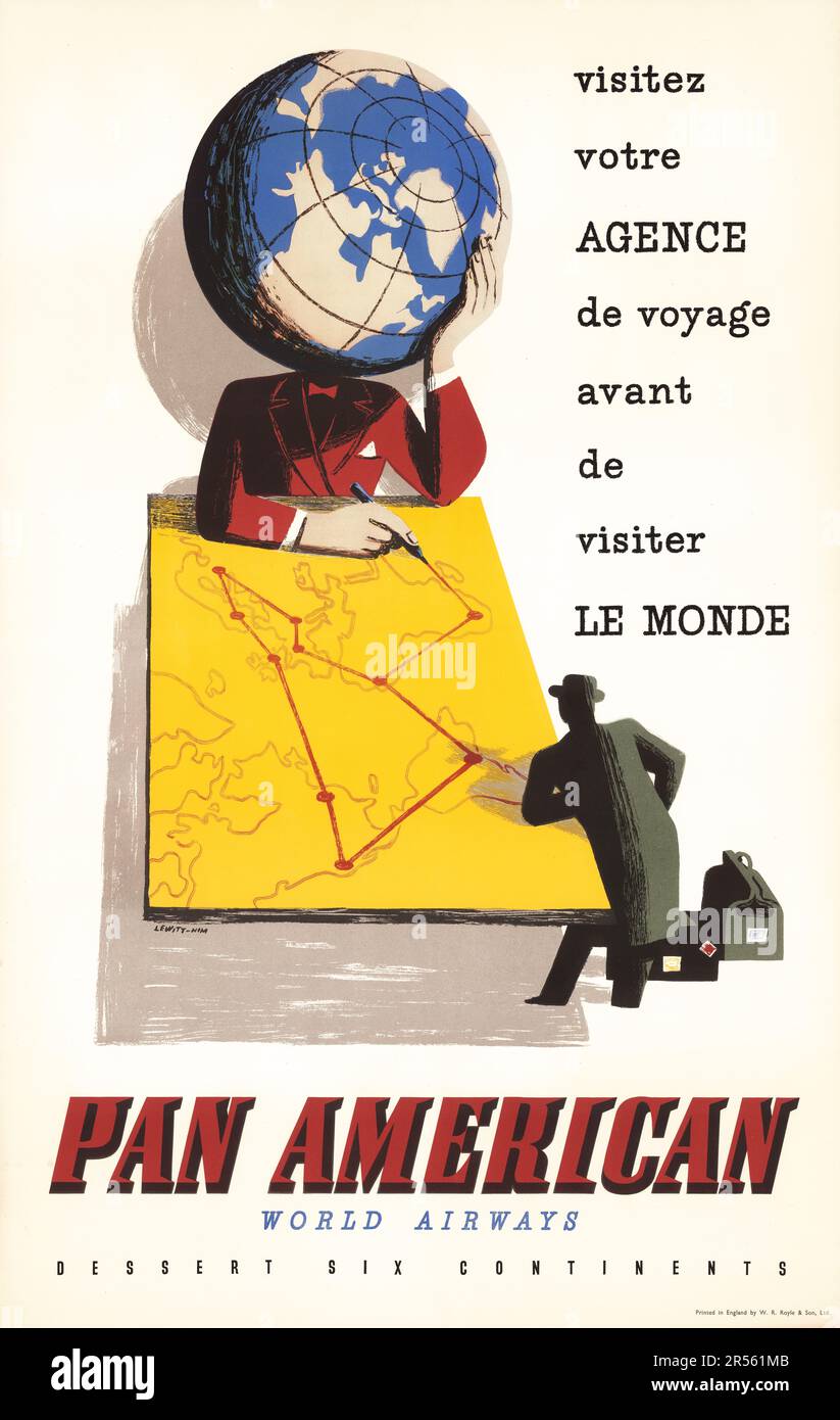 Poster de voyage - Pan Am 1939 - Pan American World Airways dessert six continents. Visitz votre Agence de Voyage avant de visiter le monde. Lewitt Banque D'Images