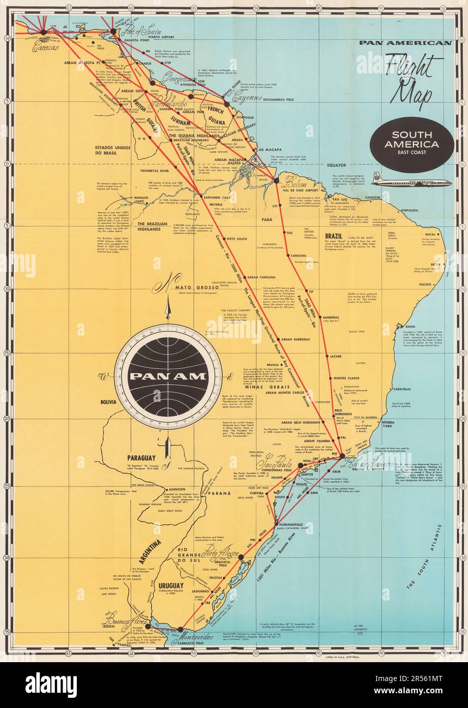 Affiche de voyage vintage - Pan American World Airways - une carte de vol américaine - la côte est de l'Amérique du Sud. Banque D'Images