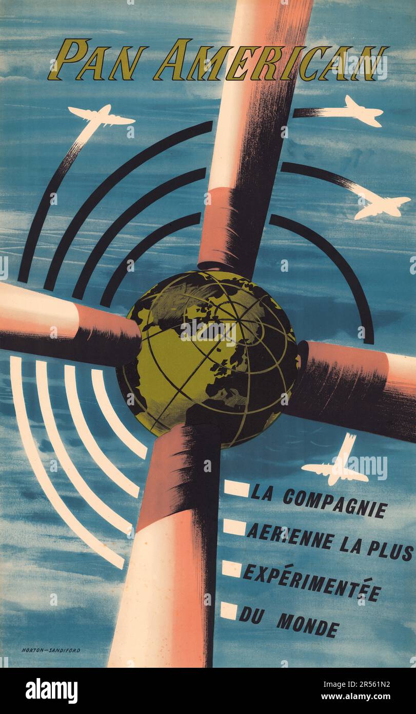 Affiche de voyage vintage Pan American . La Compagnie. Eyrienne la plus. Expérimentateur. Du monde. Horton - Sandiford 1950 Banque D'Images