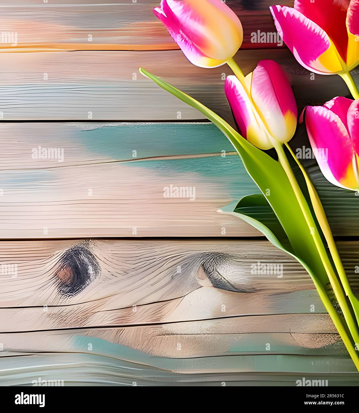 Vue en hauteur de quatre tulipes roses sur une table en bois Banque D'Images