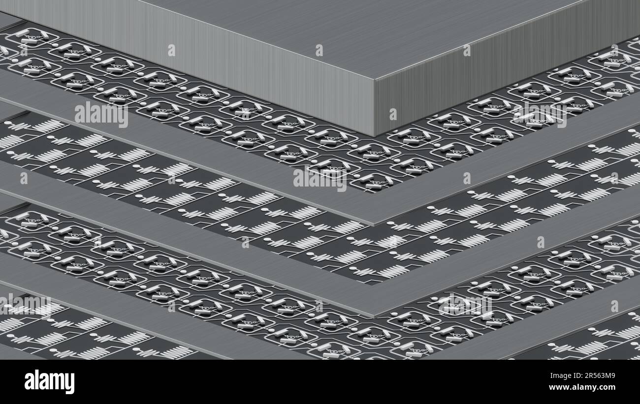 Concept de macro de processeur QUANTUM de fils coudés superposés avec  cartes de circuits QUANTUM en couches, câblage, couverture, rendu 3D, vue  éclatée, bl Photo Stock - Alamy