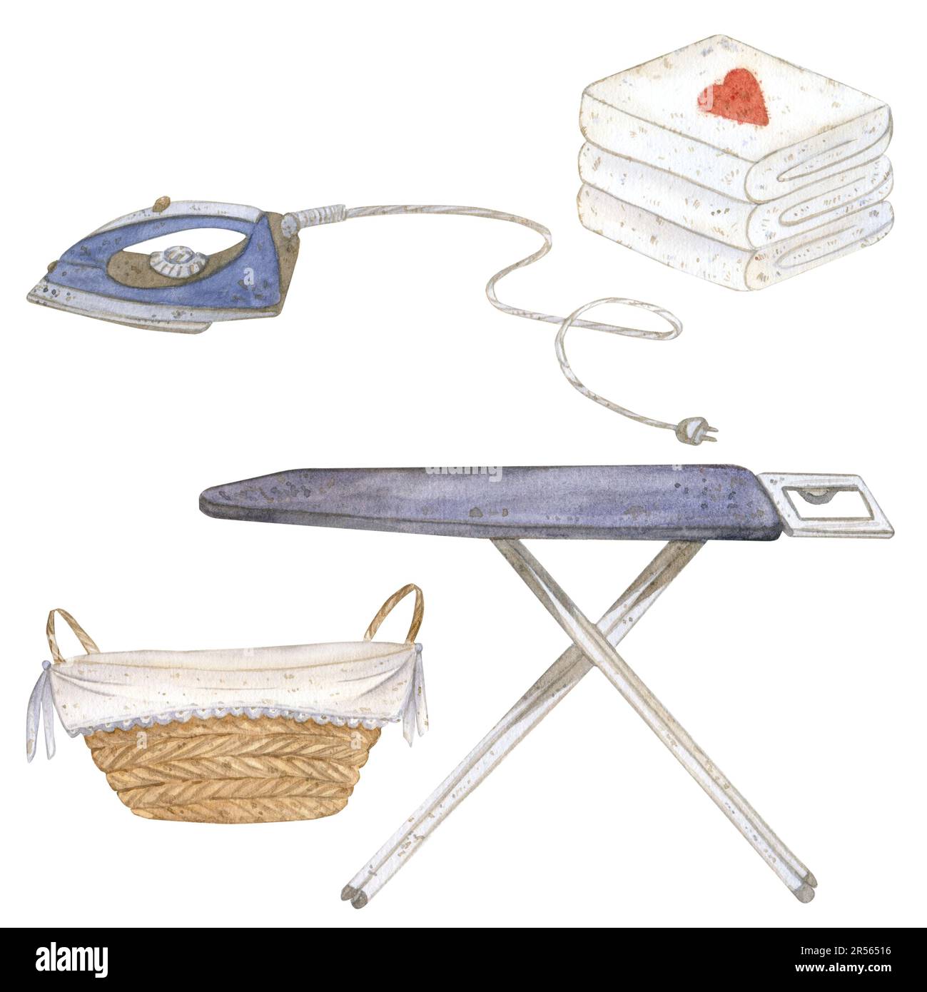 Il comprend une table à repasser, un fer à repasser, un panier à linge en osier et une pile de serviettes blanches. Illustration aquarelle isolée sur fond blanc Banque D'Images