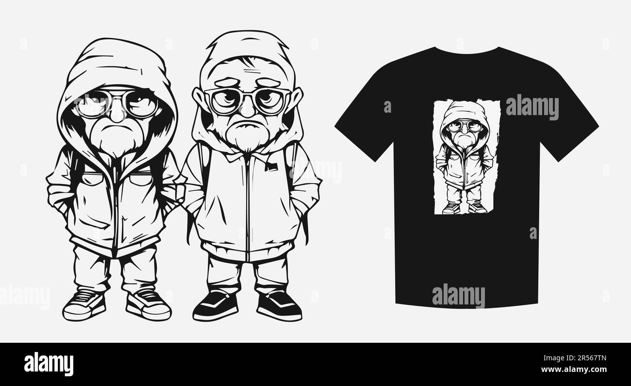 Dessin animé monochrome de deux tristes vieux gentlemen à la mode. Idéal pour les imprimés, les chemises et les logos. Expressif et élégant. Vecteur Illustration de Vecteur