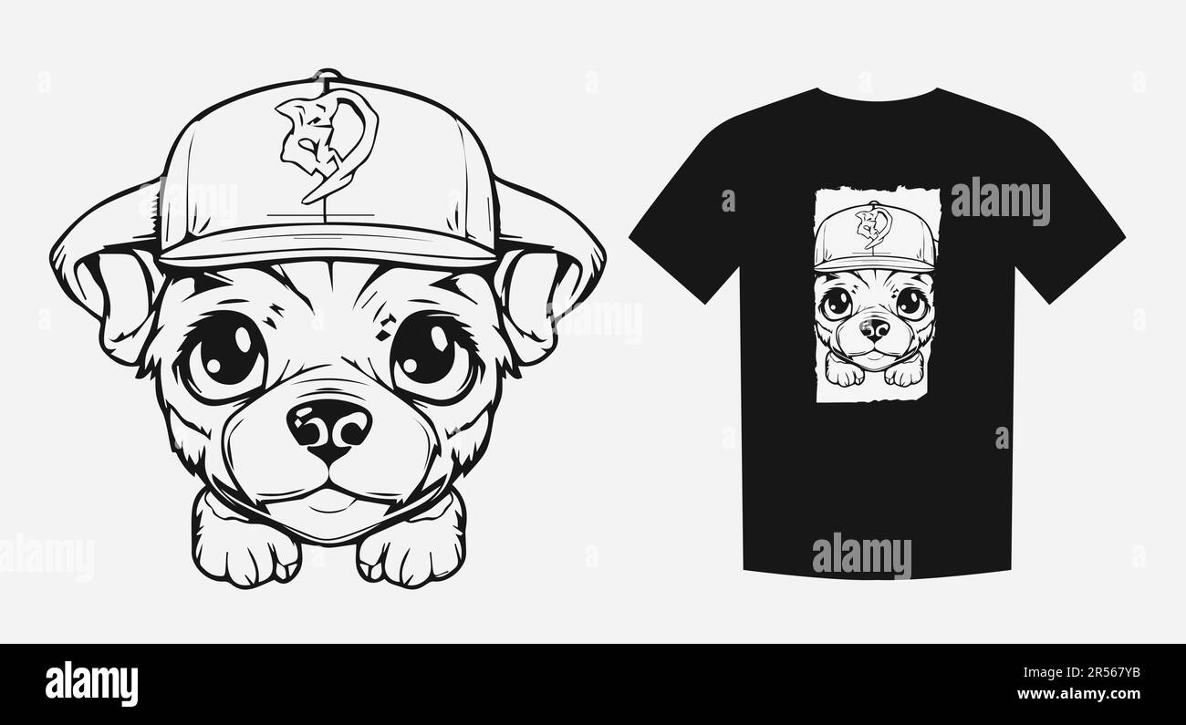 Adorable dessin animé monochrome d'un chiot mignon avec de grands yeux. Parfait pour les imprimés, les chemises et les logos. Expressif et attachant. Illustration vectorielle. Illustration de Vecteur
