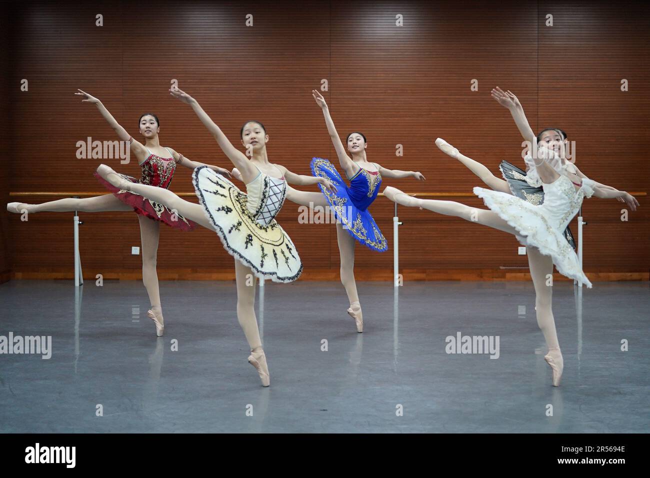 SHENYANG, 1 juin 2023 (Xinhua) -- les élèves suivent une classe de ballet dans une école de ballet affiliée au Ballet de Liaoning à Shenyang, dans la province de Liaoning, au nord-est de la Chine, au 30 mai 2023. Fondée en 1994, l'école de ballet affiliée à Liaoning Ballet est une importante base de formation professionnelle de ballet en Chine. L'école recrute des enfants âgés de 10 à 12 ans qui s'intéressent au ballet et qui ont un certain niveau de compétence en ballet de partout au pays. Près de 1 000 enfants font une demande d'école chaque année, et environ 70 d'entre eux sont acceptés. À l'heure actuelle, il y a plus de 400 étudiants studyi Banque D'Images