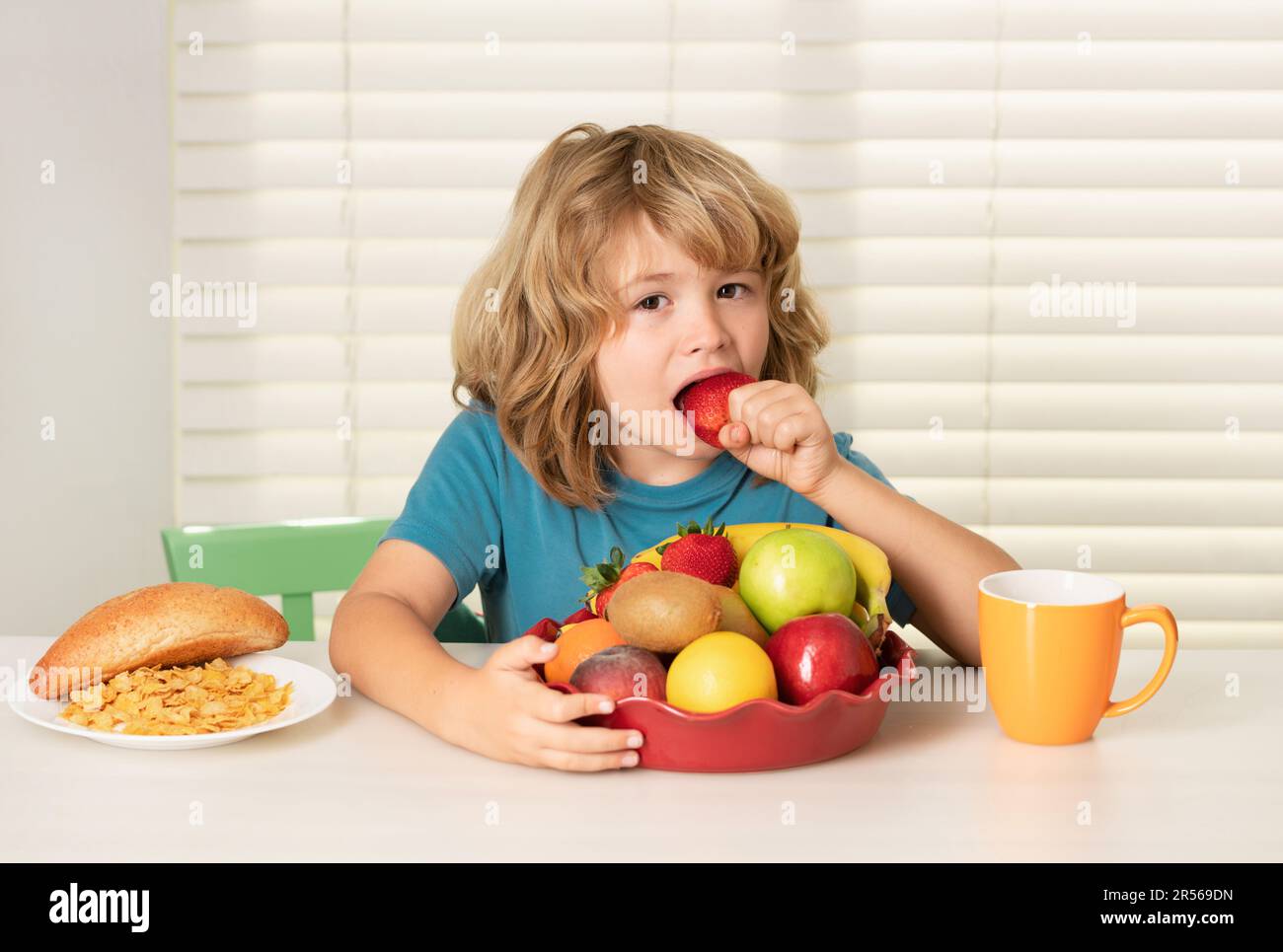 L'enfant mange des fraises, des fruits biologiques. Enfant bot repas. Une alimentation saine pour les enfants. Les enfants apprécient de manger pour le petit déjeuner ou le dîner avec l'appétit Banque D'Images
