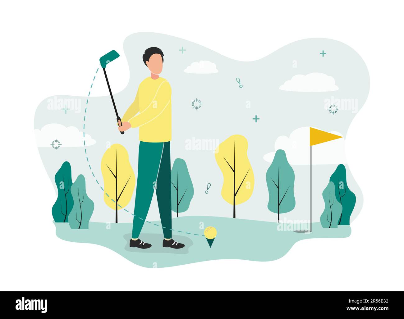 Illustration du golf. Un golfeur se tient sur un terrain devant une balle de golf sur un stand, tient un club dans ses mains et ses vagues, contre le fond d'un Illustration de Vecteur