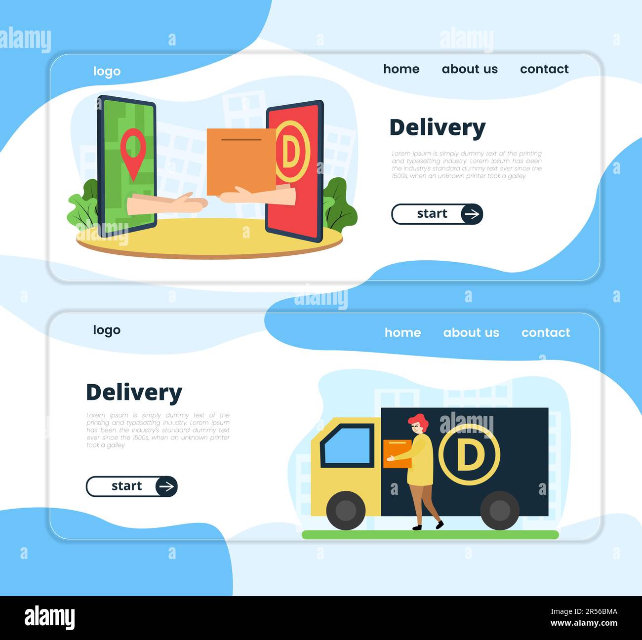 Ensemble d'illustrations de la bannière de livraison. Illustration d'une main d'un smartphone avec une icône de livraison qui remet un paquet à une main à partir d'un smartphone Illustration de Vecteur