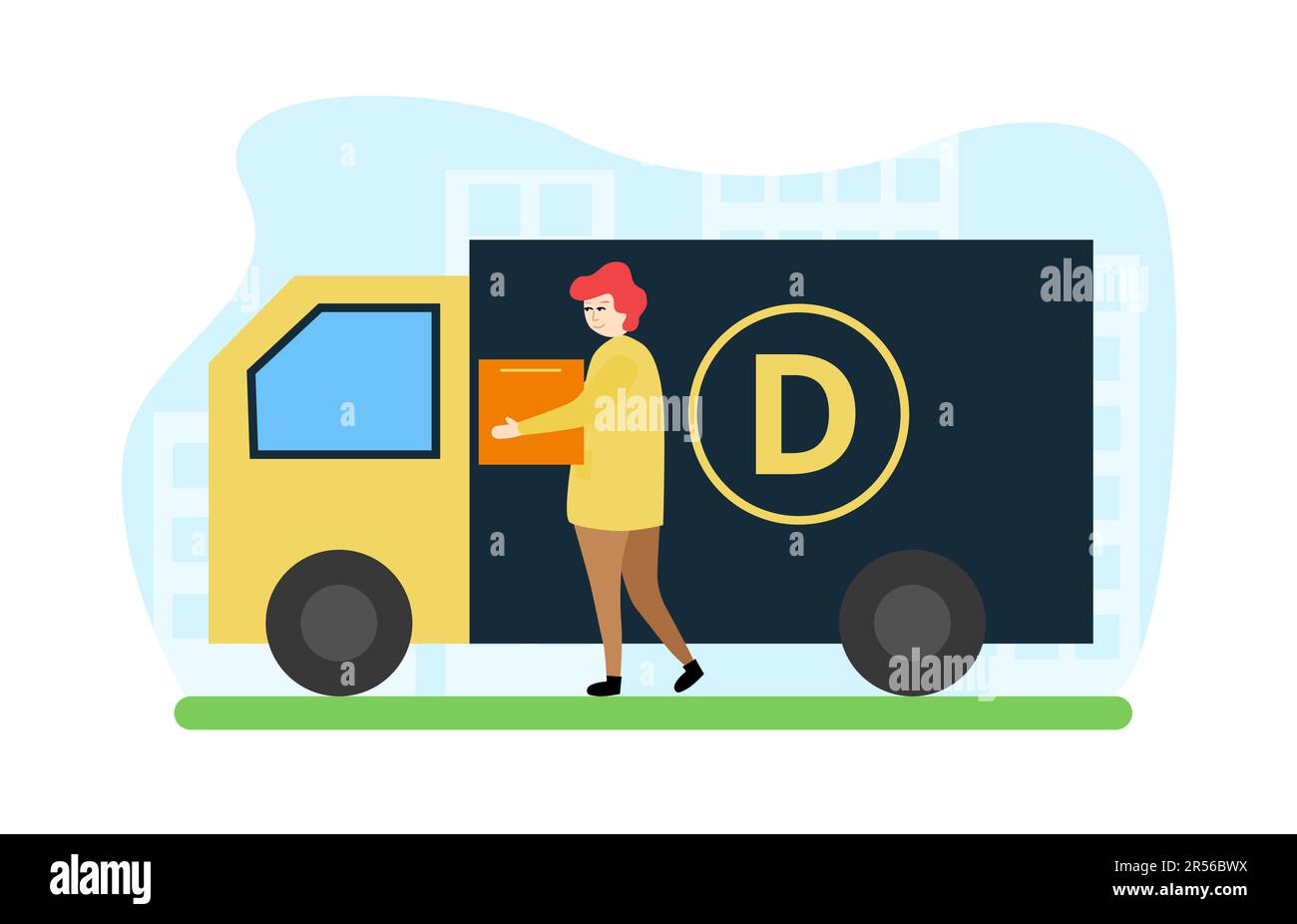 Illustration de la livraison. Livraison de colis. Livraison de la commande. Un homme avec une boîte dans ses mains près du chariot. Le type avec la boîte près du chariot avec le Illustration de Vecteur
