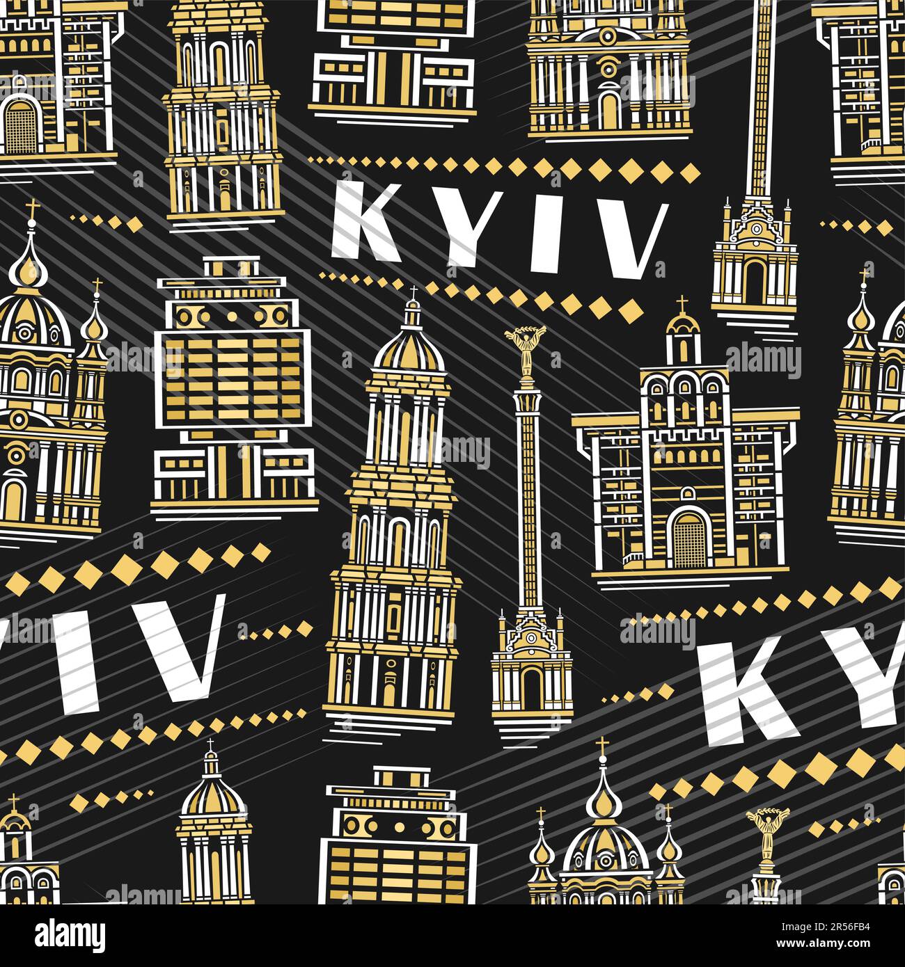 Vector Kyiv Schéma sans couture, fond carré répété avec illustration du célèbre paysage de la ville européenne de kiev sur fond sombre pour le linge de lit, décor Illustration de Vecteur