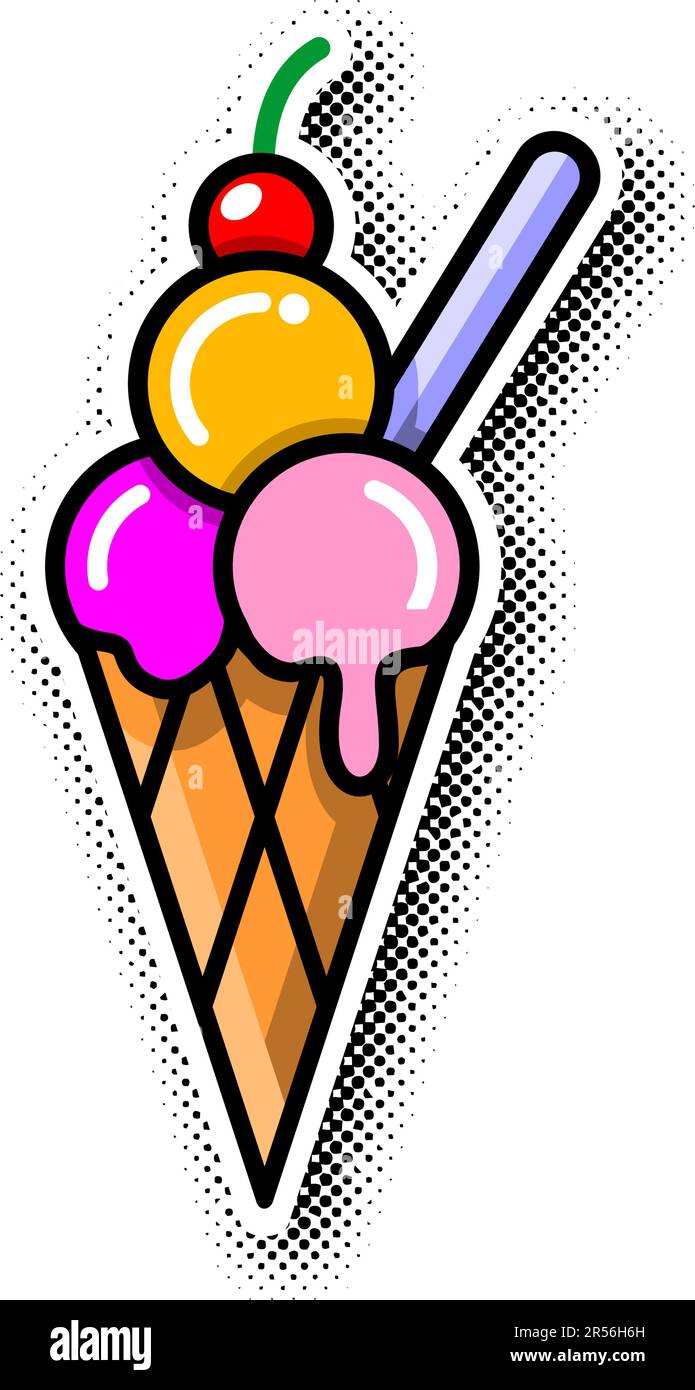 Faire fondre les boules de crème glacée dans le cône de gaufres. Vecteur de style bande dessinée sur fond transparent. Illustration de Vecteur