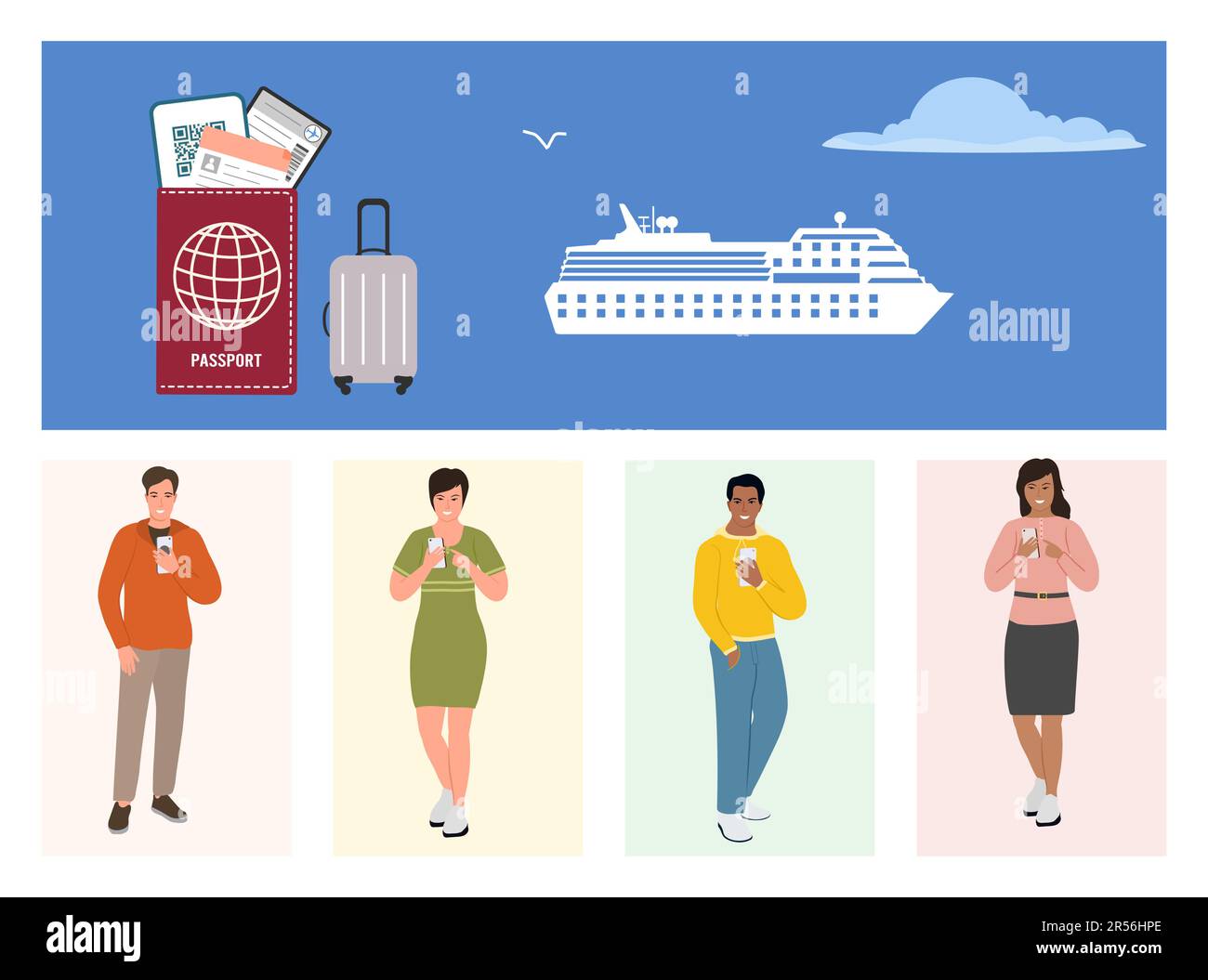 Touristes croisière bateau vacances été croisière Mer Voyage concept. Homme Femme aventure Tourisme bagages Passeport transport concept. Nous Illustration de Vecteur