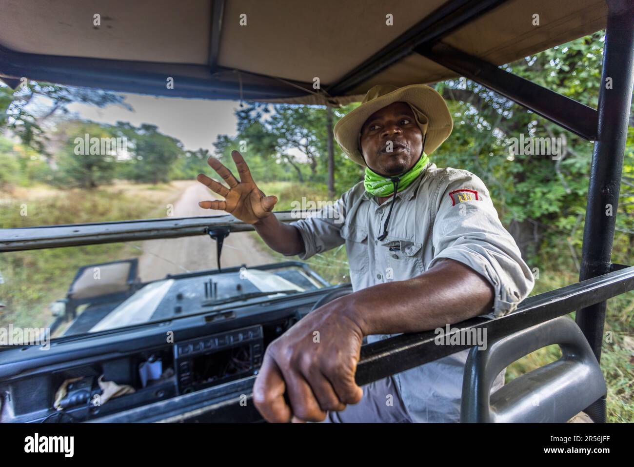 Avec guide en véhicule de safari à travers le parc national de Liwonde, Malawi. Tom est guide au Kutchire Lodge et accompagne les visites quotidiennes dans le parc national de Liwonde. Il en sait aussi beaucoup sur les petits animaux du parc et sur la flore Banque D'Images