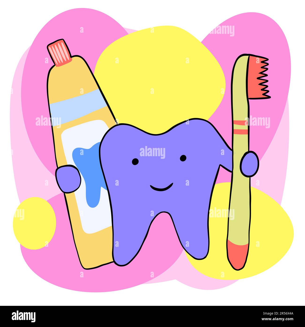 Illustration dessinée à la main de dents mignonnes, dessin de dentiste pour enfants. Drôle de chacter en bleu rose, hygiène dentaire médecine de soins de santé, bonne bouche de dessin animé Banque D'Images
