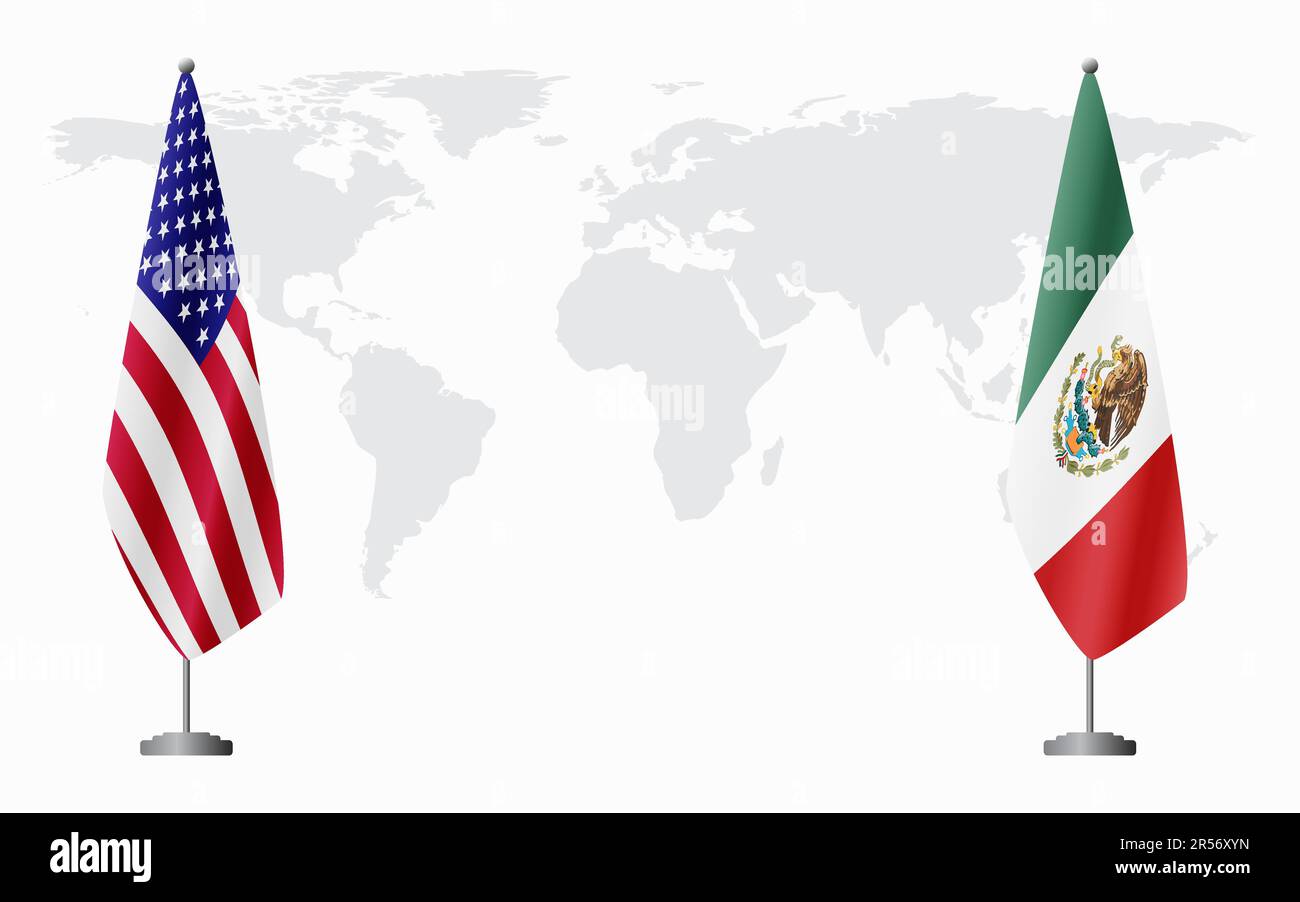 Drapeaux des États-Unis et du Mexique pour une réunion officielle sur fond de carte du monde. Illustration de Vecteur