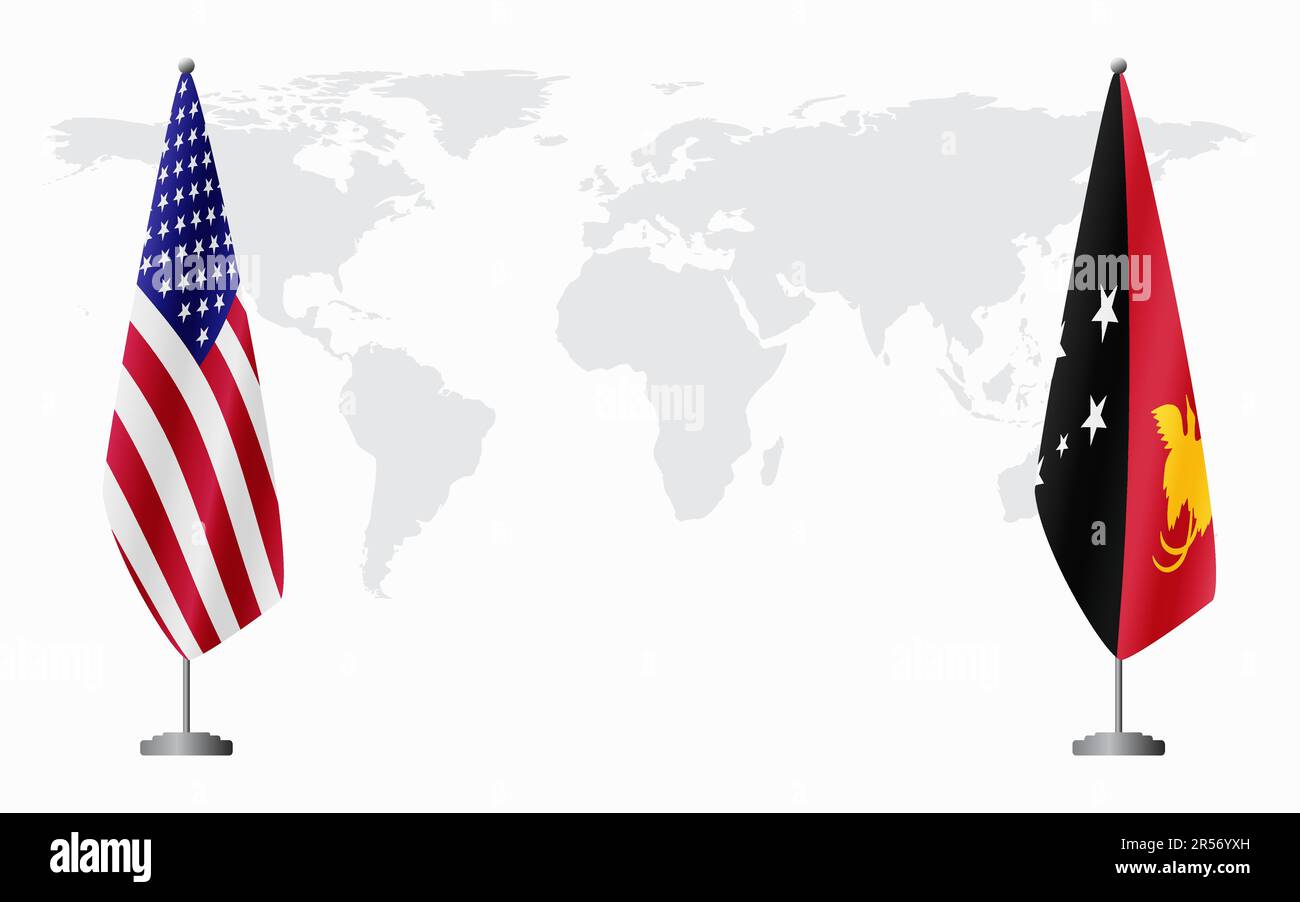 Etats-Unis et Papouasie-Nouvelle-Guinée drapeaux pour une réunion officielle sur fond de carte du monde. Illustration de Vecteur