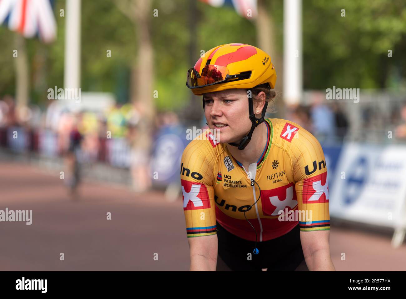 Amalie Dideriksen d'Uno X après avoir fait une course sur route à la Classique UCI Women's WorldTour Stage 3 de l'événement de vélo Ford RideLondon 2023 à Londres Banque D'Images