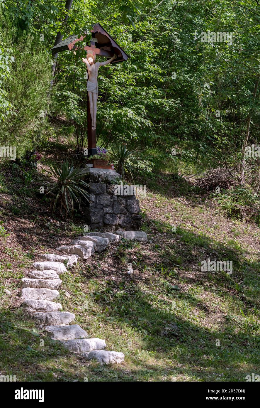 Immergé dans la verdure de la forêt, une sculpture en bois avec Christ sur la croix et la lumière naturelle qui illumine son visage. Signes religieux. Banque D'Images