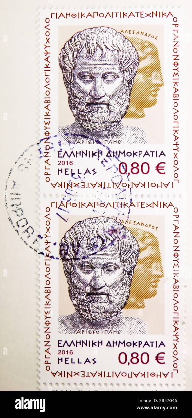 MOSCOU, RUSSIE - 17 MAI 2023 : deux timbres-poste imprimés en Grèce montrent Aristote et Alexandre (enseignant et étudiant), série Aristote, vers 2016 Banque D'Images