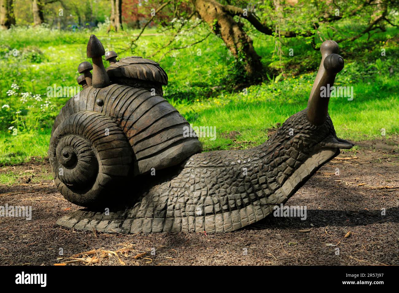 Sculpture géante en escargots de bois, Arboretum, Bute Park, Cardiff. Banque D'Images