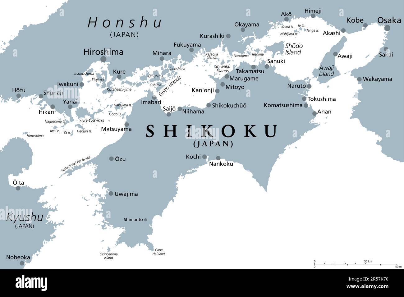 Shikoku, carte politique grise. Région et plus petite des quatre principales îles du Japon, au nord-est de Kyushu, et au sud de Honshu. Banque D'Images