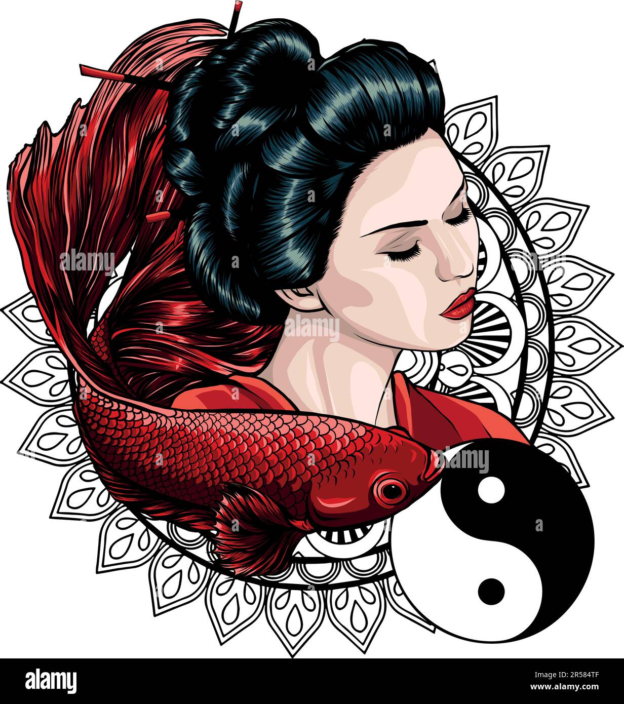 Illustration vectorielle de geisha japonais avec poisson de betta Illustration de Vecteur