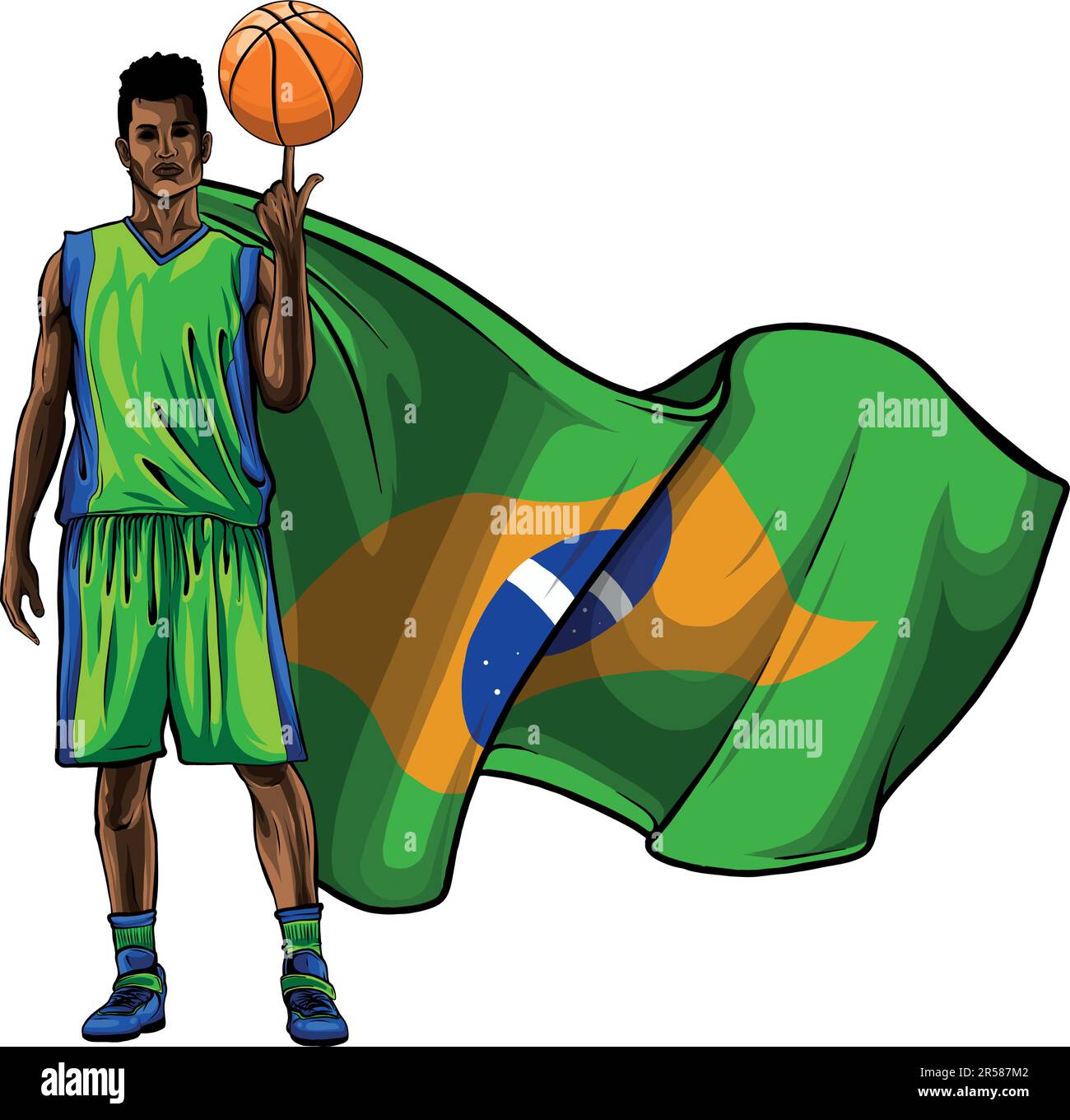 Illustration d'un joueur de basket-ball sur fond de couleurs drapeau brésilien Illustration de Vecteur