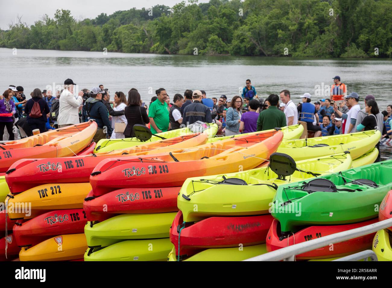 Washington, DC - des kayaks sont empilés sur le quai du Thompson Boat Center, alors que les gens attendent le début du festival de bateau-dragon de DC. Banque D'Images