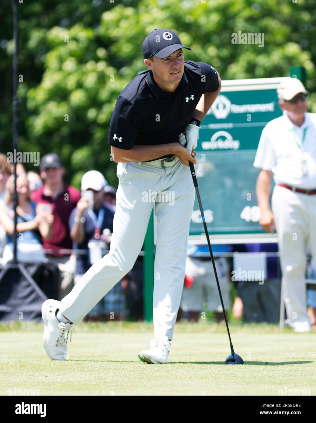 1 juin 2023: Jordan Spieth (Etats-Unis) part du 1st trous au tournoi commémoratif de Dublin, Ohio. Brent Clark/Cal Sport Media Banque D'Images