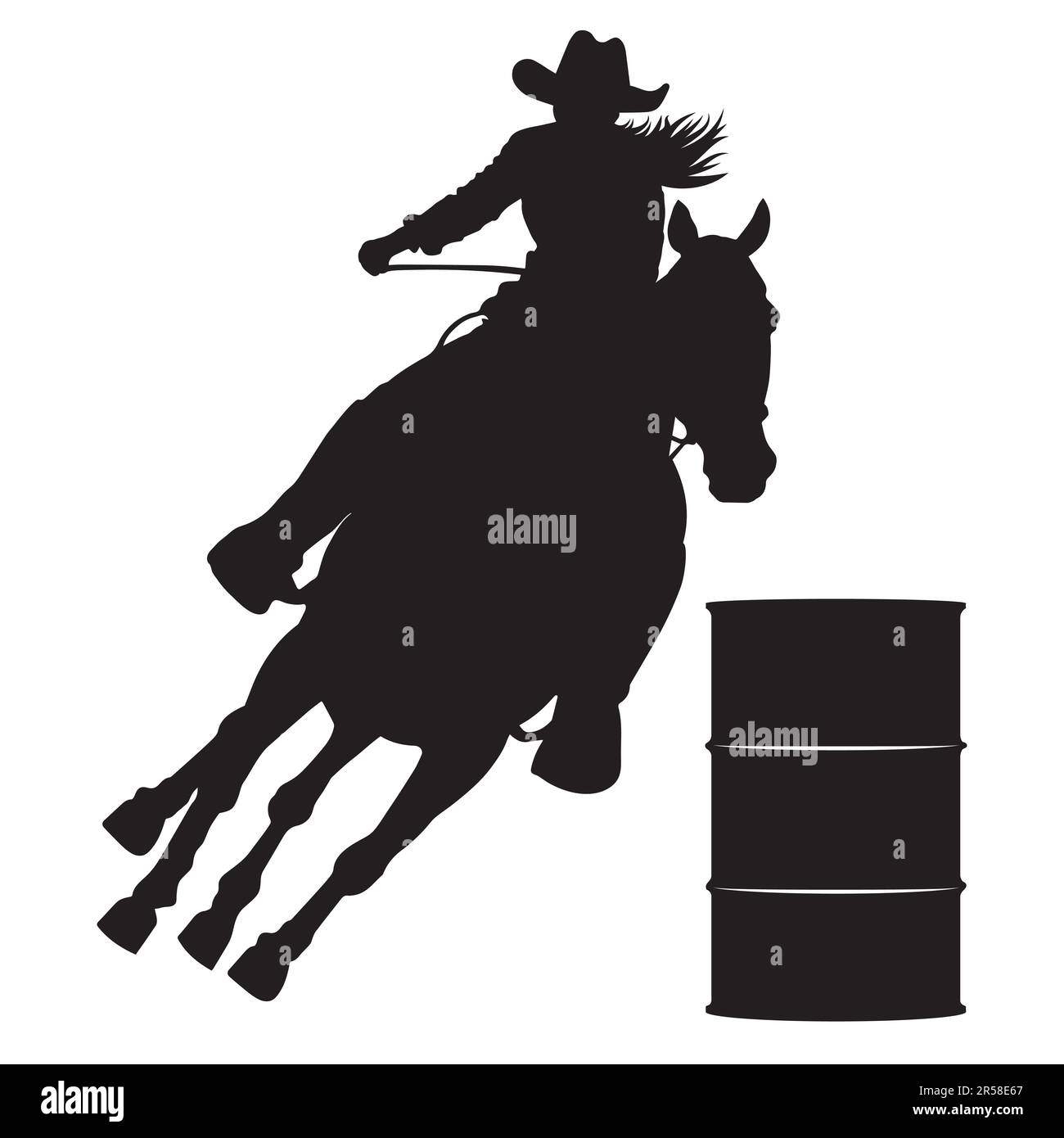 Barrel Racing Design avec Female Horse and Rider Silhouette image Noir et blanc Illustration de Vecteur