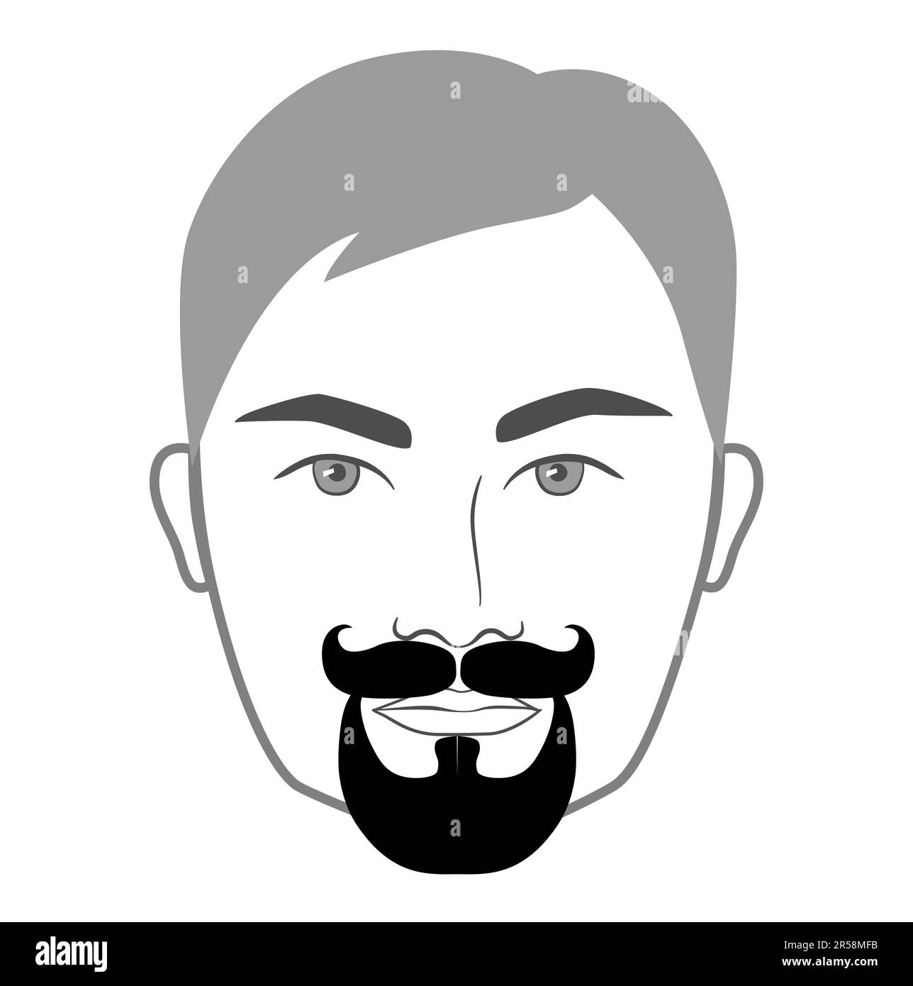 Guidon et bouc style barbe hommes en visage illustration cheveux faciaux moustache. Vector gris noir portrait masculin modèle de mode plat ensemble de collection de barbier. Style de coiffure isolé contour sur blanc Illustration de Vecteur