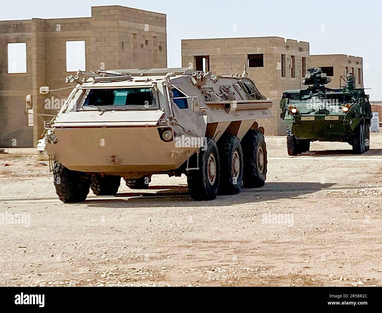 ÉTATS-UNIS Les soldats de l'armée et les soldats du Royaume d'Arabie saoudite ont mis en scène leurs M1135 véhicules nucléaires, biologiques, chimiques et de reconnaissance pour la partie d'entraînement chimique biologique, radiologique et nucléaire (CBRN) de l'exercice d'entraînement sur le terrain pour Eagle Resolve 23, 31 mai 2023, dans le Royaume d'Arabie saoudite. La formation CBRN renforce l'état de préparation et prépare les membres du service avec les compétences nécessaires pour réagir de manière appropriée dans un environnement contaminé tout en offrant une aide médicale aux victimes touchées. Eagle Resolve est un exercice conjoint de tous les domaines qui améliore l'interopérabilité sur terre, dans le Banque D'Images