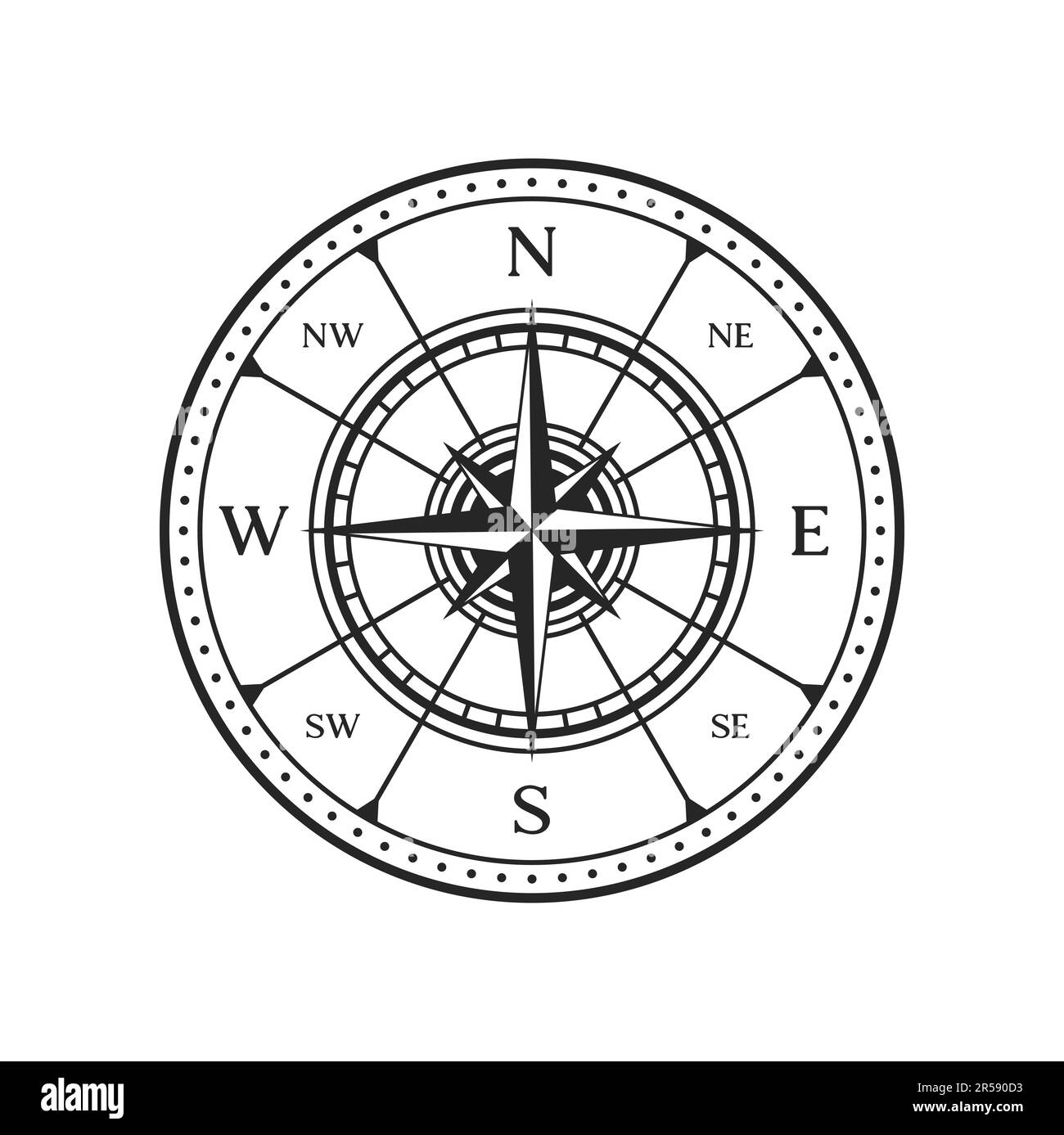 Ancienne boussole, carte vintage rose vent. windrose monochrome pour la direction de la cartographie. Vecteur isolé de navigation nautique médiévale. Rétro maritime s Illustration de Vecteur