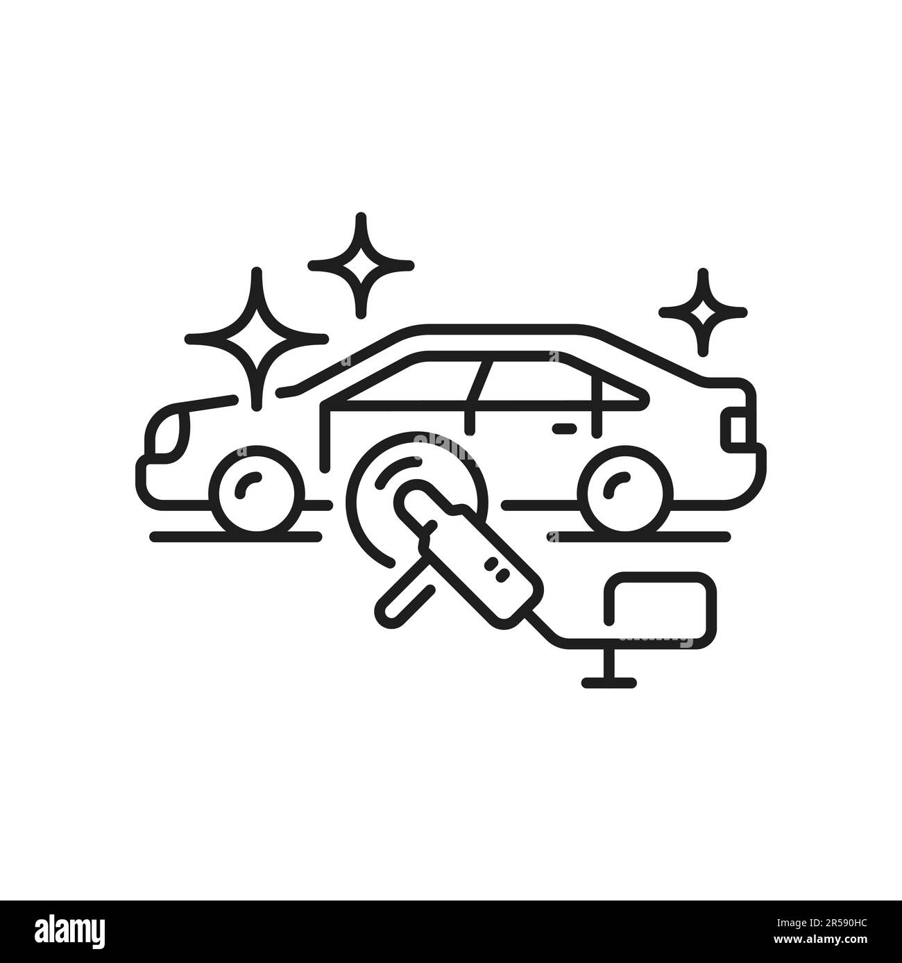 Icône entretien voiture, entretien des pneus, réparation et lavage icône de contour isolé. Lavage vectoriel des roues de pneus de voiture, lavage de voiture, équipement de nettoyage de véhicule Illustration de Vecteur